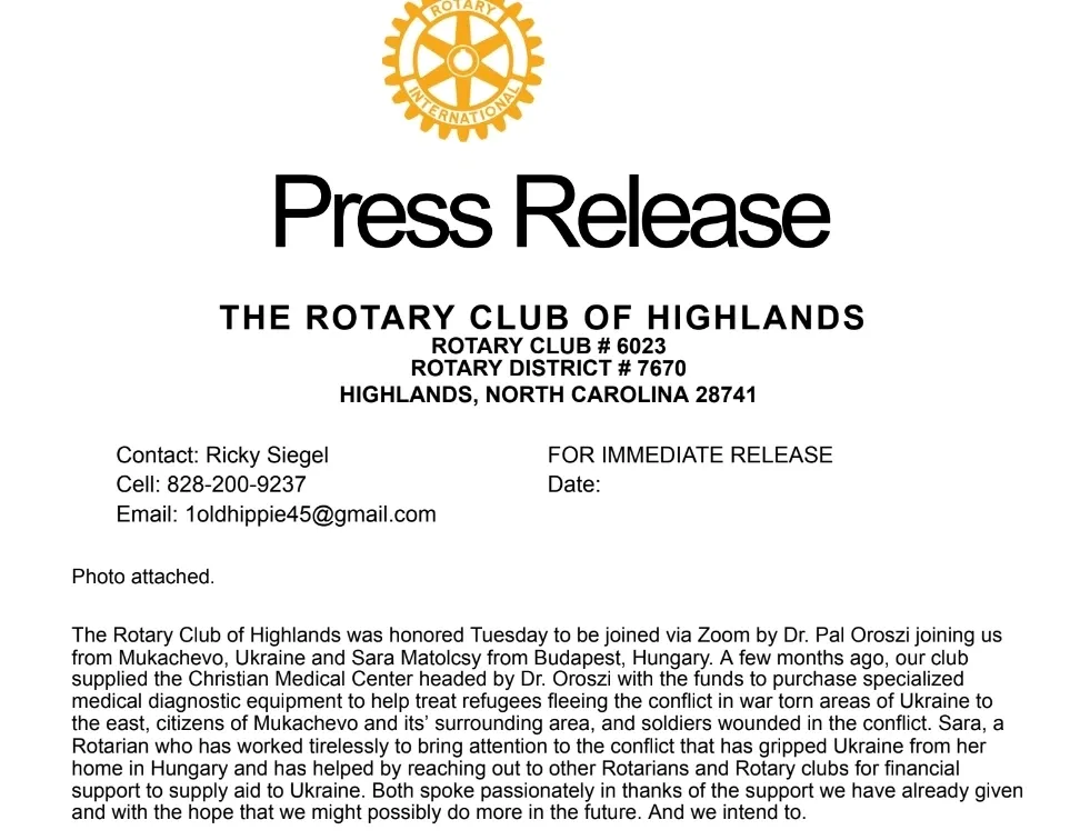 PRESS RELEASE ROTARY CLUB OF HIGHLANDS